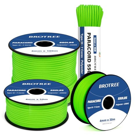 Brotree 550 Paracord 4mm 30m Schnur 100% Polyester Seil Reißfest Typ III 7 Kern für Armbänder, Basteln, Outdoor, Camping, Survival - Neon Grün