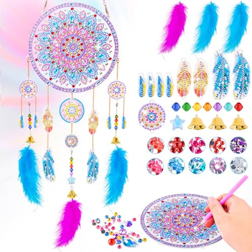 HGRGHH Diamond Painting Traumfänger, DIY 5D Diamant Traumfänger Windspiele mit Federn, Kreatives Diamantmalset, Mädchen 5-12 Jahre, Geschenk, für Dekoration Haus Zubehör Schlafzimmer
