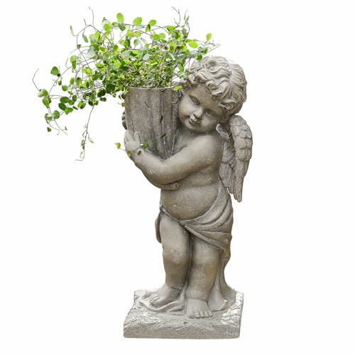 Loberon Übertopf Pirie, in Engelsform, steinähnliche Textur, zum Bepflanzen geeignet, Gartendekoration, Gartenzubehör, Outdoor, Magnesiumoxid, antikgrau