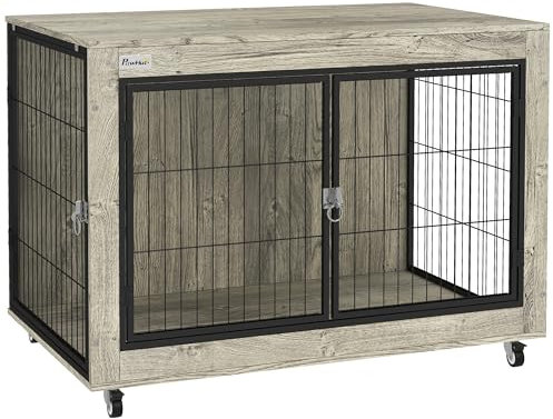 PawHut Dog Crate Furniture on Wheels, Dog Cage End Side Table with Lockable Double Doors, for Large Breeds, 100 x 60 x 73.5cm, Grey