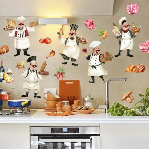 SUPERDANT Calcomanías de pared de chef de dibujos animados, decoración de vinilo para despegar y pegar, decoración de pared para la cocina, restaurante, comedor