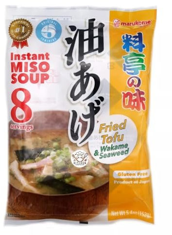 Marukome Instant Ryoutei-No-Aji Miso Soup Original 152g 8 servings with Chunks, Made in Japan, Gluten-Free, No MSG (Pack 1, Aburaage Fried Tofu & Wakame seaweed)