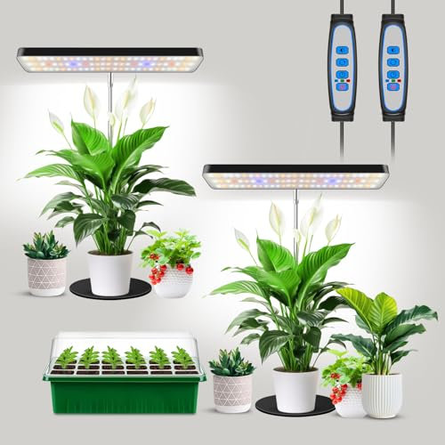 Aumtrly Pflanzenlampe, LED Vollspektrum Schreibtisch-Pflanzenlicht für Indoor Growing 2er-Pack Schwarz, Höhenverstellbar von 19 bis 61 cm Grow Light mit Sockeln, 6/12/16H Zeitschaltuhr