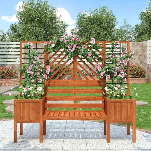 Merax Fioriera con traliccio, con frangivista in legno massello, per giardino, cortile, terrazza, marrone, 170 x 42 x 145 cm