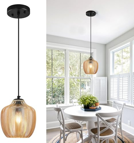 SHJNGMY Bernstein Glas Pendelleuchte Küche Insel 16CM Globe Hängeleuchte Höhenverstellbare Moderne Bauernhaus Hängelampe Beleuchtung für Schlafzimmer Esszimmer (1 Packung)
