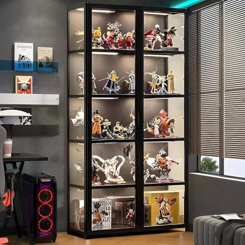 Scribora Vitrine avec portes en acrylique, vitrine en verre pour objets de collection et trophée, étagère à 5 niveaux, bibliothèque de rangement pour salon, chambre à coucher, bureau (porte folio