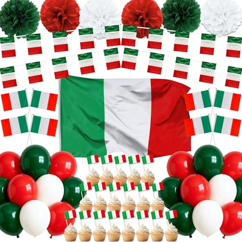 Tasoraor Italien Deko Flaggen Ballons - Italienische Fahnenkette Rot Grün Luftballons und Zahnstocher Flagge, Handflagge und Flaggenkette für Fußball Euro WM Party Dekoration