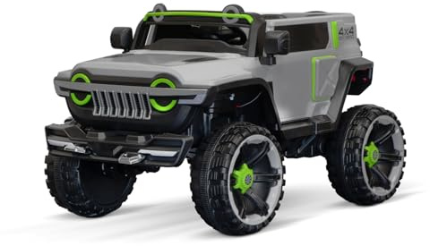 Kidix Elektro Kinderauto SUV Tank Kids 2 Sitzer Allrad 4X 30W Motoren 12V 7Ah Batterie Eva Softreifen Kinder Elektroauto mit LED Beleuchtung Bluetooth USB CVT Soft Start 2.4G Fernbedienung (grau)