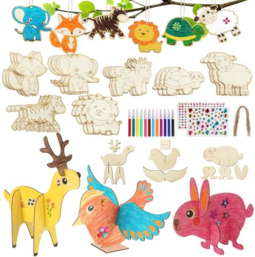 Qichan 59 Stück Holztiere zum Bemalen, 3D Holz Basteln und Holzanhänger zum Bemalen mit 7 Verschiedene Formen, Aquarellstift, Aufkleber, Schnüre, Geburtstag Basteln für Mädchen Junge