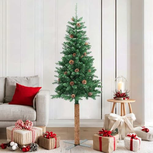 Mokuyary Albero di Natale sottile con vero legno e coni, grande, 180 cm, PVC, albero di Natale artificiale con supporto, albero di Natale realistico, montaggio rapido per casa, ufficio, negozi