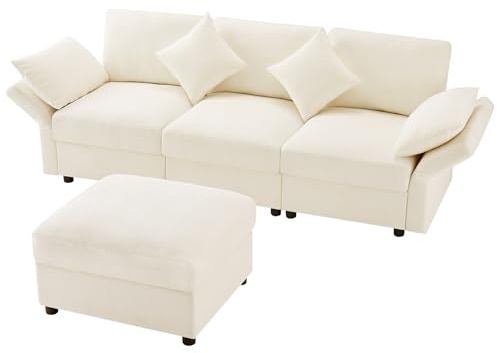 SHAIRMB L-FöRmiges Ecksofa Mit Hocker, Dreisitzer-Schlafsofa, 4 Kissen, Verstellbare Armlehnen, Bequemer Chenille-Stoff, Geeignet FüR Wohnzimmer/BüRo/Wohnung,Beige
