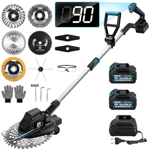 1200W Akku Rasentrimmer mit 2 Akkus und Ladegerät| 7-in-1 Akku Freischneider mit Unkrautbürste| 16800 U/min Bürstenloser Elektrisch Motorsense mit 7 Klingentypen für Gärten, Rasenflächen, Büsche
