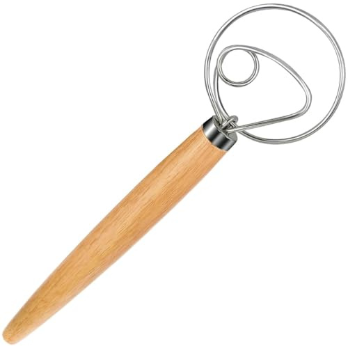 Polly Online Dough Whisk, 13 Inch, 1-Pack | Wooden Handle,Danish Sourdough Whisk,Stainless Steel Dough Hook,For Bread,Pastry or Pizza Dough