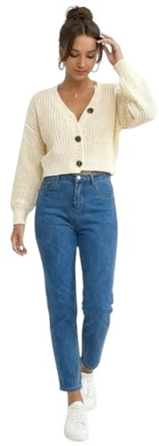 Crazy Girls Fashion Ltd Women’s Chunky Knit Cardigan Jumper, Cropped V Neck Button Sweater with Balloon Sleeves, Warm Ladies Winter Wear UK