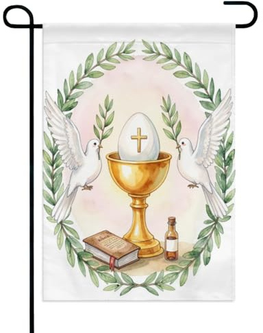 Bandera Jardín Primera Comunión Cristiana Religiosa – Paloma Blanca Y Santa Cruz Anti Decoloración Garden Flag Ligera Estandarte Exterior Para Césped Porche Patio Al Aire Libre 30X45Cm