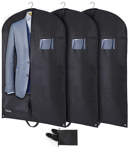 Lictin 100 x 60cm Breathable Garment Bag With PVC Transparent Window - Suit Protector Carrier for Wardrobe and Travel, Includes Shoe Cover (Black, 3 Pcs)