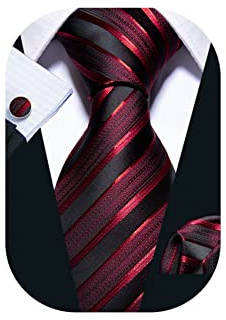 Barry.Wang Striped Men Ties Set Silk Necktie Handkerchief Cufflinks