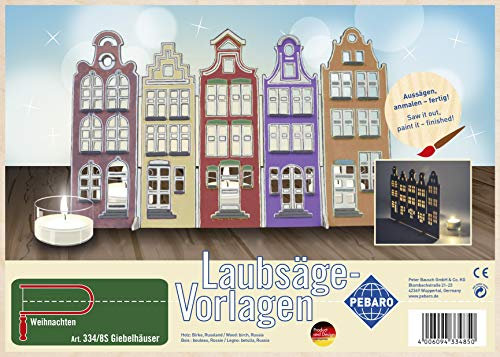 Pebaro 334/8S Laubsägevorlage Giebelhäuser, 3mm Sperrholz DIN A 4, Motiv vorgedruckt, aussägen mit Laubsägebogen, basteln, anmalen, fertig, Laubsägen, Basteln mit Holz, Geschenkidee, Dekoartikel