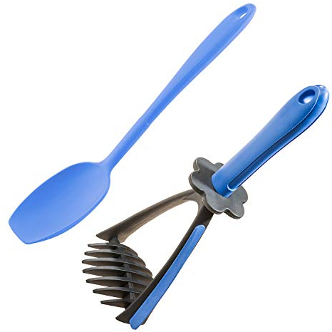 Kochblume Kartoffelstampfer & Soßenlöffel L 2er Set | Premium-Silikon | Hitzbeständig | Spülmaschinenfest | Farbe: blau