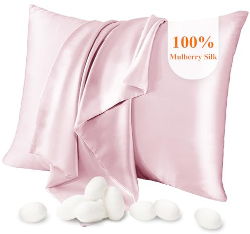 Jaciu Taie d'oreiller 100% Soie, pour Cheveux et Peau, des Deux côtés Taie d'oreiller en Soie de mûrier 21 Momme 600 Fils au Pouce Doux et Respirant (Rose, la Norme: 51x66cm, 1 pièce)