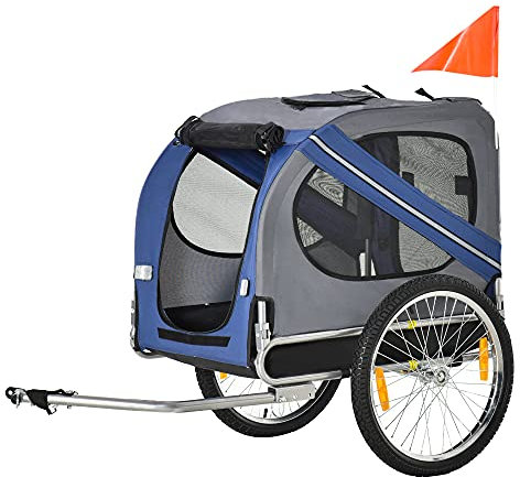 PawHut Remorque vélo pour Chien Animaux 8 réflecteurs Drapeau Barre attelage Inclus Acier Polyester imperméable Max. 30 Kg 130L x 73l x 90H cm Bleu