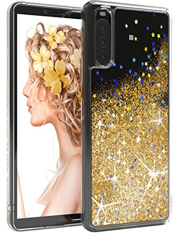 EAZY CASE Hülle kompatibel mit Sony Xperia 10 II (2020) Schutzhülle mit Flüssig-Glitzer, Handyhülle, Schutzhülle, Back Cover mit Glitter Flüssigkeit, TPU/Silikon, Transparent/Durchsichtig, Gold