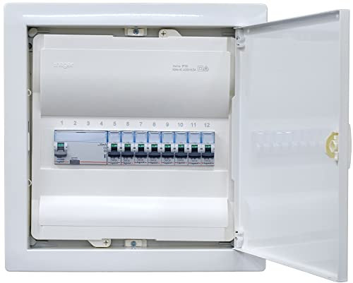 Hager Unterputzverteiler 1-reihig VU12NC ANSCHLUSSFERTIG verdrahtet mit Klemmblock. Bestückung Legrand 1x FI 4-polig + 8x LS B16A