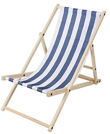 Ansobea Liegestuhl klappbar Holz, Strandstuhl Holz bis zu 120 kg, Sonnenliege klappbar mit 3-stufiger Neigungsregulierung der Rückenlehne (Blaue und weiße Streifen)