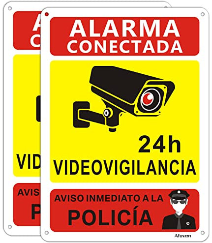 Cartel videovigilancia Señal Alarma Conectada Zona Videovigilada 24h Aviso A La Policía 25x18 cm Carteles cámara vigilancia Señaletica de aviso aluminio Interior-Exterior 2 piezas