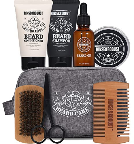 Rinse & Robust Kit de soin de barbe 8 pièces pour hommes, kit de lavage de barbe et après-shampoing, cadeau pour homme avec sac de voyage, parfum bois de santal, brosse à barbe, peigne à barbe