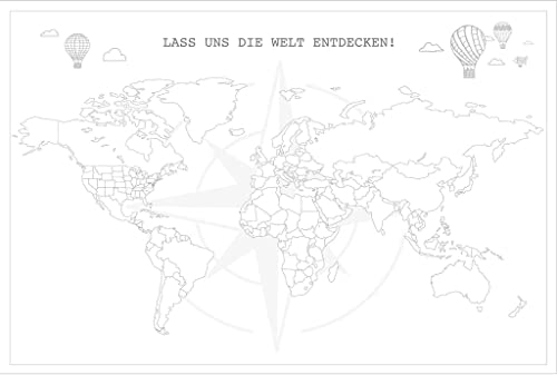 LANA KK - Weltkarte für Kinder zum ausmalen – Leinwandbild als Pinnwand, auf 2 cm Echtholz-Keilrahmen gespannt, natürliche Baumwoll-Leinwand,weiss Erde, Welt, Globus in 40 x 30 cm