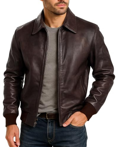 Fashion_First Chaqueta bomber de piel de cordero suave para hombre, chaqueta casual para motocicleta, fiestas al aire libre, color negro y marrón