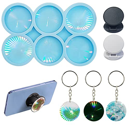 Phone Grip Mold with 6PCS Cellphone Socket Phone Holder Epoxy Resin Molds Holographic Light and Shadow Mold 6 Cavity Circle Casting Molds DIY Silicone Mold for Crafts Brooch Jewelry Making Supplies