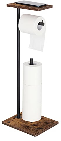 Support de Papier Toilette, Support de Rouleau de Papier Toilette, Support de Papier de Soie pour Salle de Bain, Support de Rouleau de Papier de Soie sur Pied avec étagère, Marron Rustique
