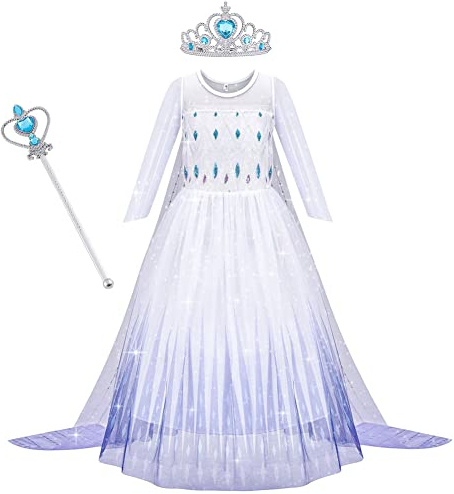 AOOWU Kostüm Kinder Mädchen Prinzessin Kleid Kinder Dress mit Krone Zauberstab Party Verkleidung Karneval Halloween Weihnachten Kostüm (130CM)