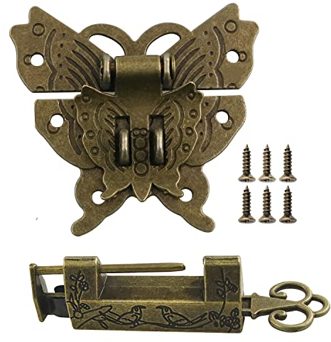 ZZLZX - Petit verrou chinois antique et loquet papillon - 1 ensemble de meubles chinois - Loquet à boucle et cadenas vintage en laiton avec clé pour armoire, bijoux, boîte en bois