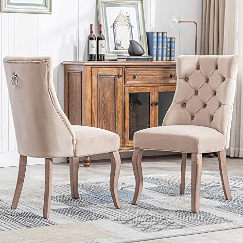 ZYLOYAL10 4-Fußstuhl, Stuhl Beige Samt Esszimmerstuhl，hohe Rückenlehne, mit Knopfsteppung, Gestell aus Massivholz, Beige (Set, 2 St)