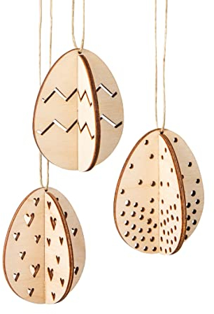 Rayher Ostereier aus Holz, zum Zusammenstecken, 3D-Effekt, 3 Stück, 5,5 x 7 cm, mit Juteschnur zum Aufhängen, Holz FSC zertifiziert, Osterdekoration, 46688505