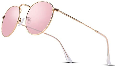 COASION Round Retro Sunglasses 100% Real Glass Lens Metal Frame Mens Womens Vintage Circle Pink Glasses Designer UV400 Protection Shades(Gold/Pink Rose Mirrored)