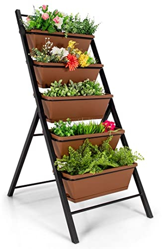 GiantexUK Raised Garden Bed, 5 Tier Vertical Ladder Planter with 5 Removable Trays, Wheels & Drain Holes, Elevated Flower Herb Growing Box for Indoor Outdoor (No Wheels, Brown, 57 x 75 x 121cm)