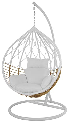Kideo Komplettset: großer Hängesessel mit Gestell & Kissen, Poly-Rattan, zweifarbiger Korb, weiß, braun (Kissenfarbe: weiß)
