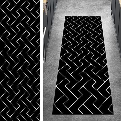 Ymural Teppichläufer Lang Teppich Läufer Flur Gestreift 50x150CM Schwarz Weiß Kücheläufer rutschfest Teppichmatten Waschbar Kurzflor Polyester Korridor, Breite 40-120cm