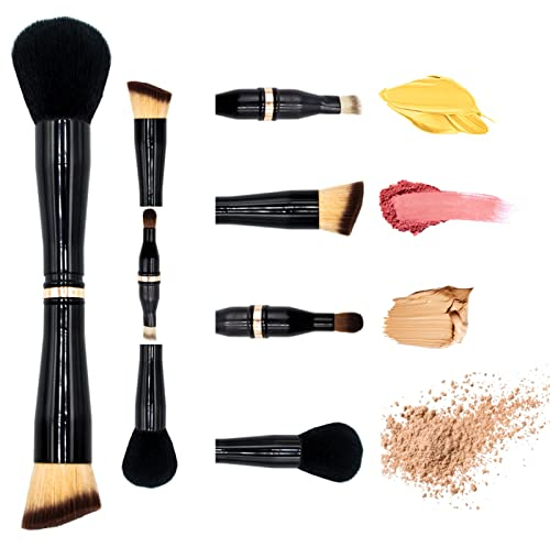 4 en 1 Pinceau de Maquillage, Pinceaux de Voyage Portables, Pinceaux de Maquillage à Double Extrémité, Pinceau de Maquillage Multifonctions pour Surligner, Fard à PaupièRes, Fond de Teint et Poudre