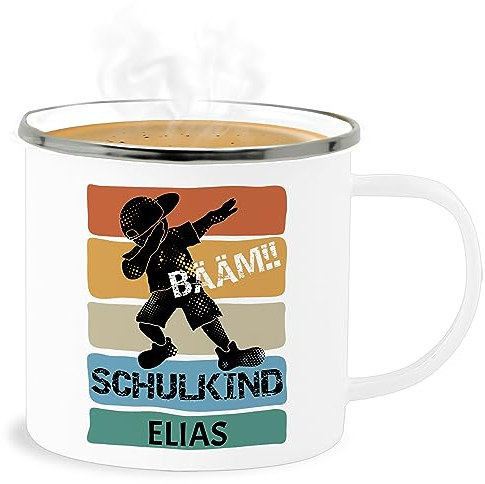 Emaille Becher Blechbecher - Tasse - Bääm Schulkind Geschenk Einschulung Geschenke Schulanfang Geschenk Schuleintritt I Schuleinführung - 300 ml - Weiß Silber - 2023 schulanfänger bamm tassen