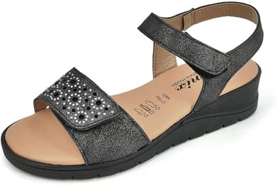 JOMIX Sandali Donna Estive Bassi Sandali Zeppa Strass Eleganti a Strappo Regolabile da Mare Spiaggia in Vera Pelle Made in Italy TD2942 (Nero, 39)