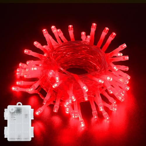 BOLWEO LED Lichterkette Batterie mit Timer, 3m 30LED Rot IP65 Wasserdicht Innen und Außen Lichterketten für Halloween,Valentinstag,Weihnachten,Schlafzimmer,Party,Hochzeit