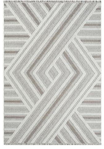 payé Teppich Wohnzimmer - 120x170cm - Beige Braun Grau - Boho-Style mit Fransen - Modern Geo Muster - Flachflor Wohnteppich Schlafzimmer Deko