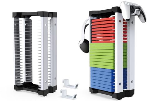YOPOTIKA Soporte universal para juegos, torre de almacenamiento para 23 juegos para PS5/Xbox/Nintendo Switch con 2 soportes para controladores, Blanco y negro, 14.2*44.7*8.2cm, moda
