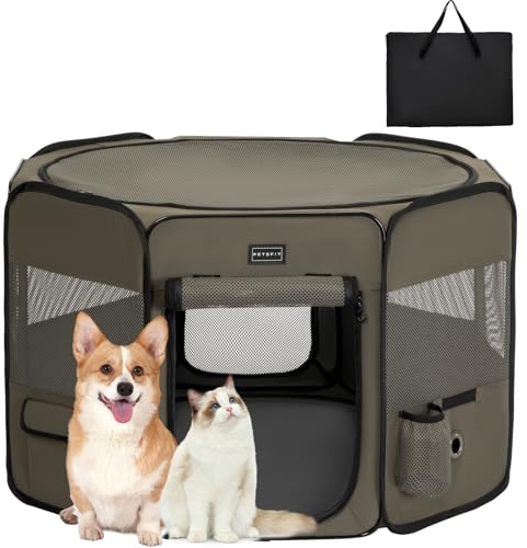 Petsfit Welpenauslauf faltbar Welpenlaufstall Tierlaufstall Pop-Up Design für Hunde Hasen Katzen, Verdickter Stahlträger Freilaufgehege Abschließbarer Reißverschluss,Braun & Schwarz,M