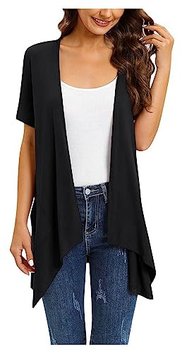 Damen-Strickjacke mit Blumenmuster, kurzärmelig, lässig, drapiert, vorne offen, leichte Sommer-Strickjacke mit Tasche, hoher niedriger Saum, ärmellos, Trench-Weste für Damen, Schwarz , 48